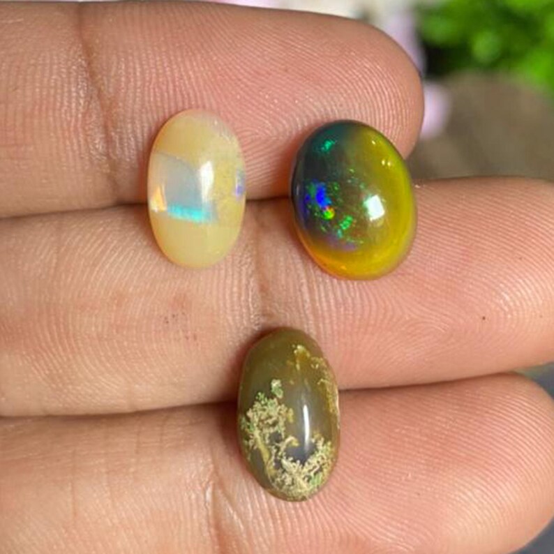 May include: Three oval-shaped opals in varying colors are displayed. The top left opal is pale yellow with iridescent flashes. The top right opal is a mix of yellow and dark green with blue and green iridescence. The bottom opal is olive green with a white pattern.