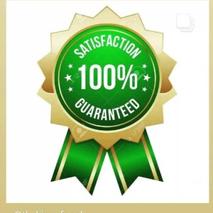 May include: A gold and green badge with the words "SATISFACTION 100% GUARANTEED". The badge has a green circular center with white text and a gold starburst border and green ribbons.