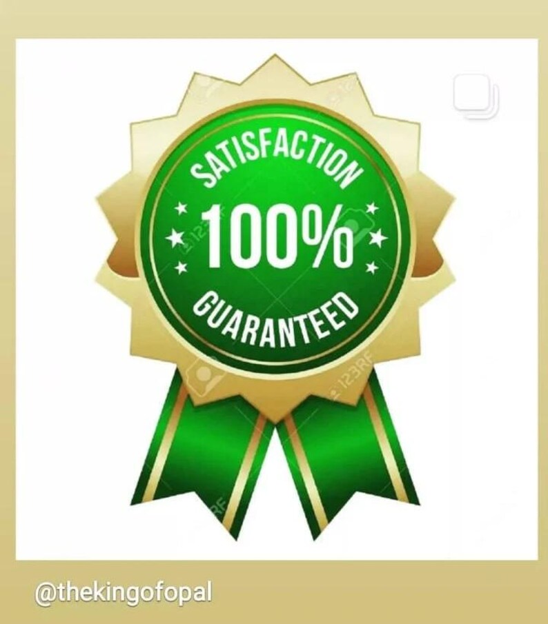May include: A gold and green badge with the words "SATISFACTION 100% GUARANTEED". The badge has a green circular center with white text and a gold starburst border and green ribbons.