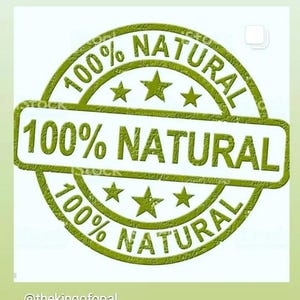 May include: A green stamp with the words "100% NATURAL" in a circular design. The text is repeated around the border and in a rectangular box in the center. Three stars are placed between the words. The background is a light green.