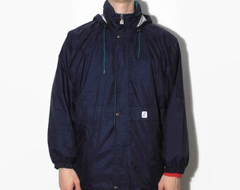 Vintage K-Way Raincoat Jacket Size M/L Navy Blue Rain Coat Hooded Authentic 90s Work Wear Unisex Oversized Zipped Up Athletic Rave Clothing