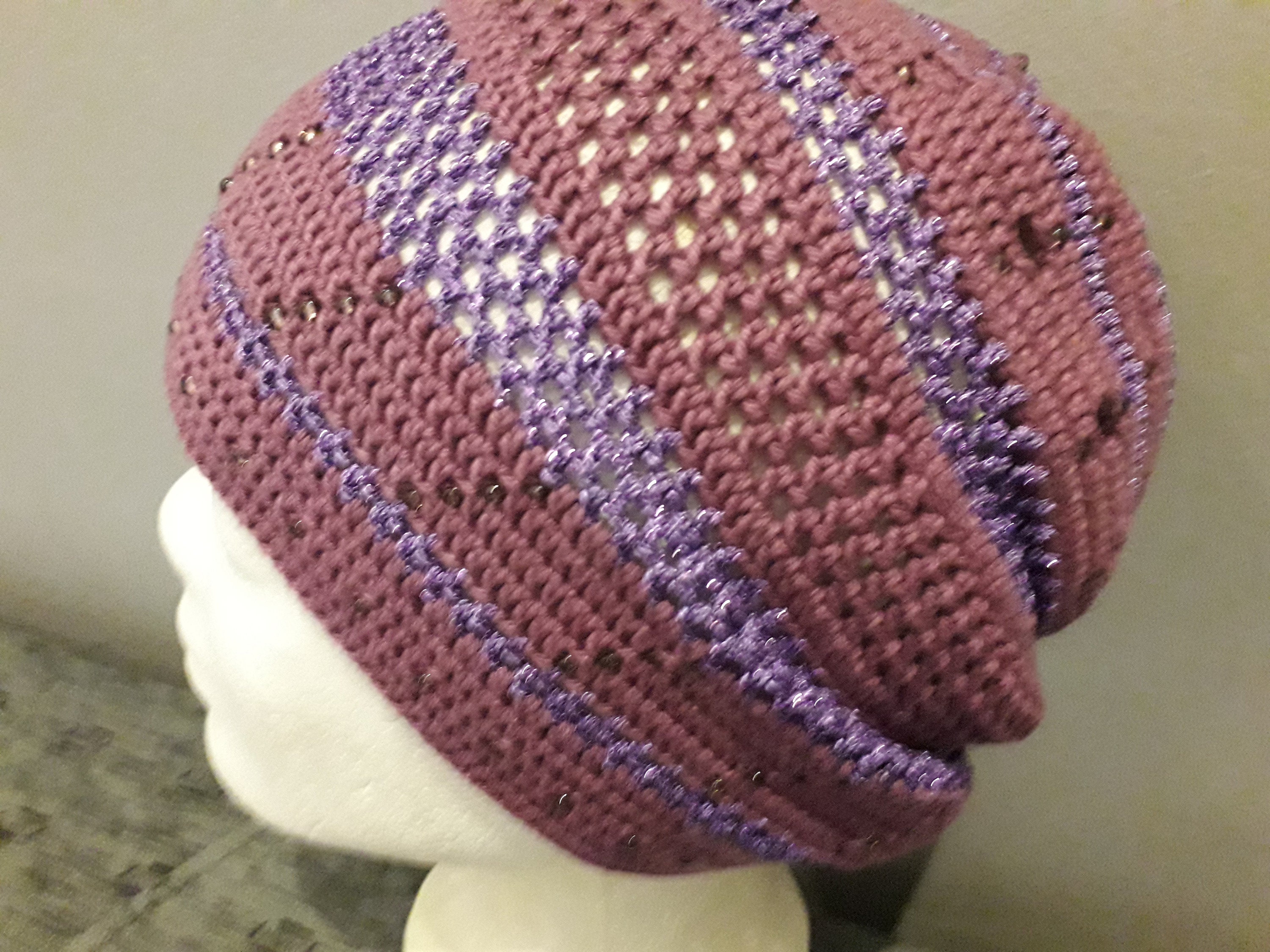 Crochet Beanie in Purple With Pearl 