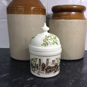 Może przedstawiać: Biały ceramiczny słoik z kwiatowym wzorem i napisem "York Minster" na spodzie. Słoik ma kopułową pokrywkę i stoi na czarnej powierzchni.