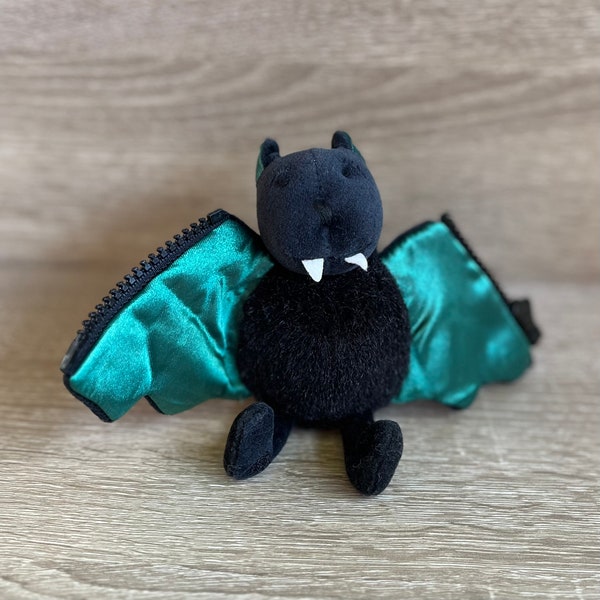 VGUC Black and Emerald  Zippy Zappy Bat Jellycat Plushie with Zipper and Velcro - Retired - Rare - Vintage