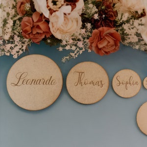 Houten tafel plaatsnamen, bruiloft cirkel plaats bruiloft plaatskaart, gepersonaliseerde cirkel acryl bruiloft plaatsnamen, naam instellen