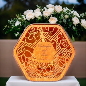 Gepersonaliseerde houten kist voor kaarten en geschenken met acrylglasprint Kaartdoos voor bruiloften, huwelijkscadeau voor koppels, bruiloftsherinneringsdoos
