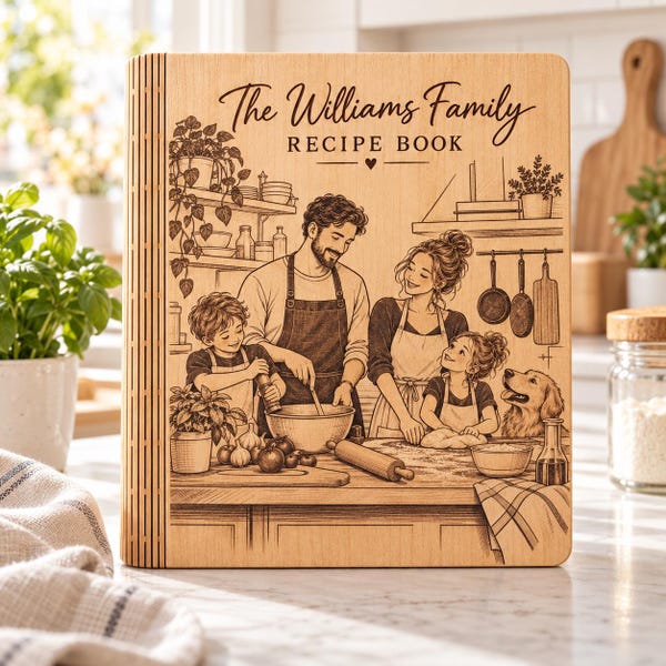Personalized Wooden Recipe Book Binder, Classic or Custom Portrait Engraving