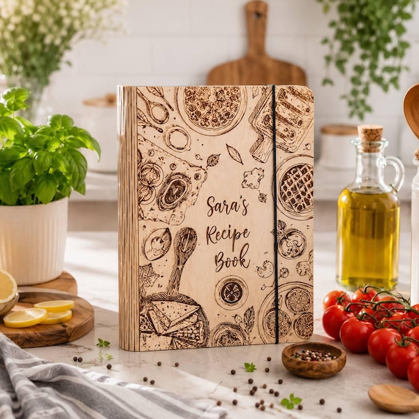 Personalized Wood Recipe Book, Custom Engraved Family Cookbook
