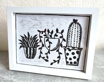 Potted Plant Lino Print | Black Print | Handmade Lino Print