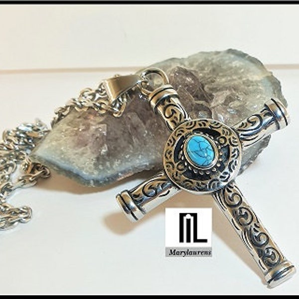 Pendentif  croix inox turquoise