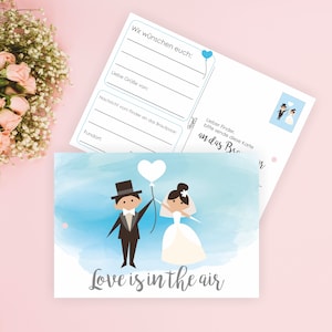 50 Ballonkarten / Ballonflugkarten / Flugkarten Hochzeit "Love is in the air" weiß türkis grau Brautpaar / Adresseindruck möglich