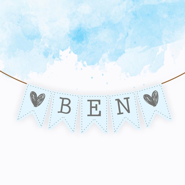 personalisierte Wimpelkette Baby Namen Girlande individuell Babyparty Taufe Junge Namenskette Papeterie Geschenk Geburt blau Babyboy Boy