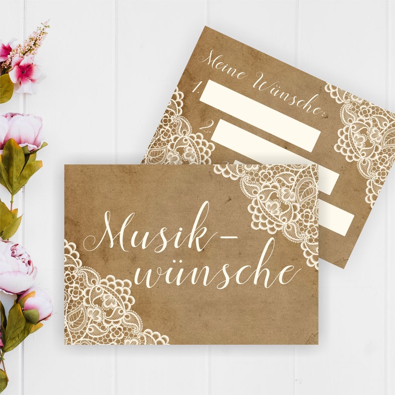 May include: Two brown cards with white lace trim and the text "Musik-w&uuml;nsche" and "Meine W&uuml;nsche" with blank lines for writing.