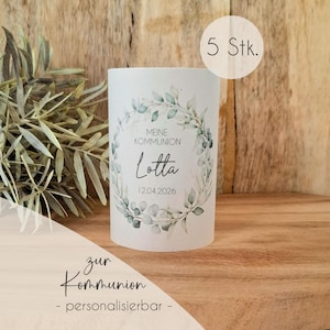 5x Windlichthülle Kommunion personalisiert mit Name & Datum I Teelicht Hülle Transparentpapier I Taufe I Tischdeko Kommunion I Gastgeschenk