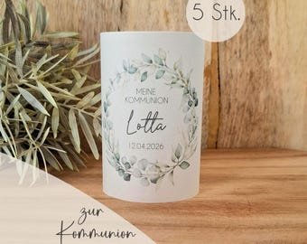 5x Windlichthülle Kommunion personalisiert mit Name & Datum I Teelicht Hülle Transparentpapier I Taufe I Tischdeko Kommunion I Gastgeschenk