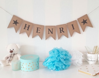 personalisierte Wimpelkette Baby Namen Girlande individuell Babyparty Taufe Junge Namenskette Papeterie Geschenk Geburt Kraftpapier