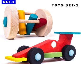 INGODI Boy Baby or Toddler Handmade Wooden Toys Sets for Christmas, Birthday, Baby Shower, Baptism Gift