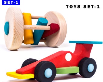 INGODI Boy Baby or Toddler Handmade Wooden Toys Sets for Christmas, Birthday, Baby Shower, Baptism Gift