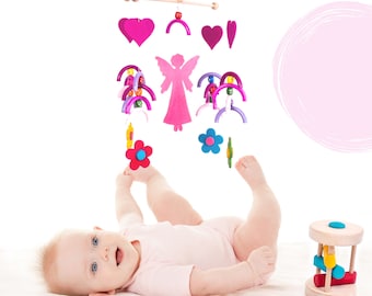 INGODI Wooden Girl Baby Crib Cradle Gym Mobile Play Toy Activity Set, Handmade Angels and flowers wall hanging decor baby shower gift