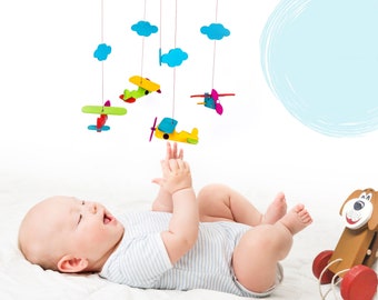 INGODI Wooden Baby Crib Cradle Mobile Play Gym Toy Activity Set, Handmade Sky and airplane wall hanging decor baby shower gift