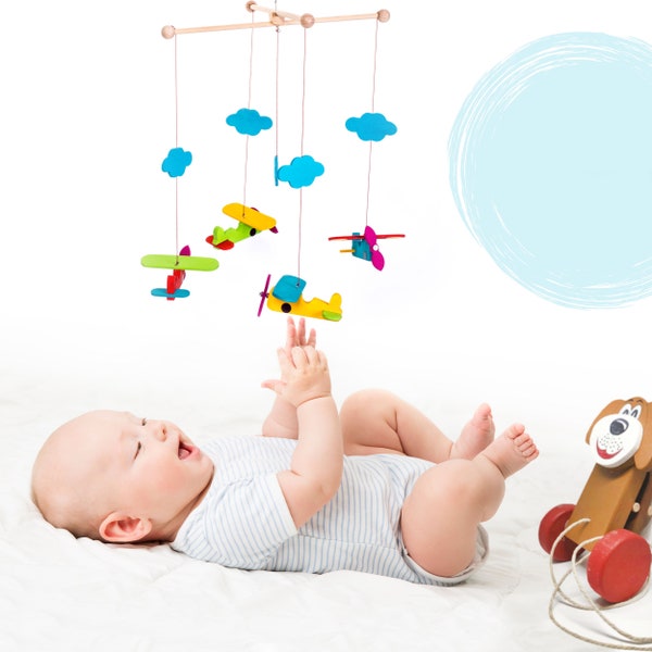 INGODI Wooden Baby Crib Cradle Mobile Play Gym Toy Activity Set, Handmade Sky and airplane wall hanging decor baby shower gift