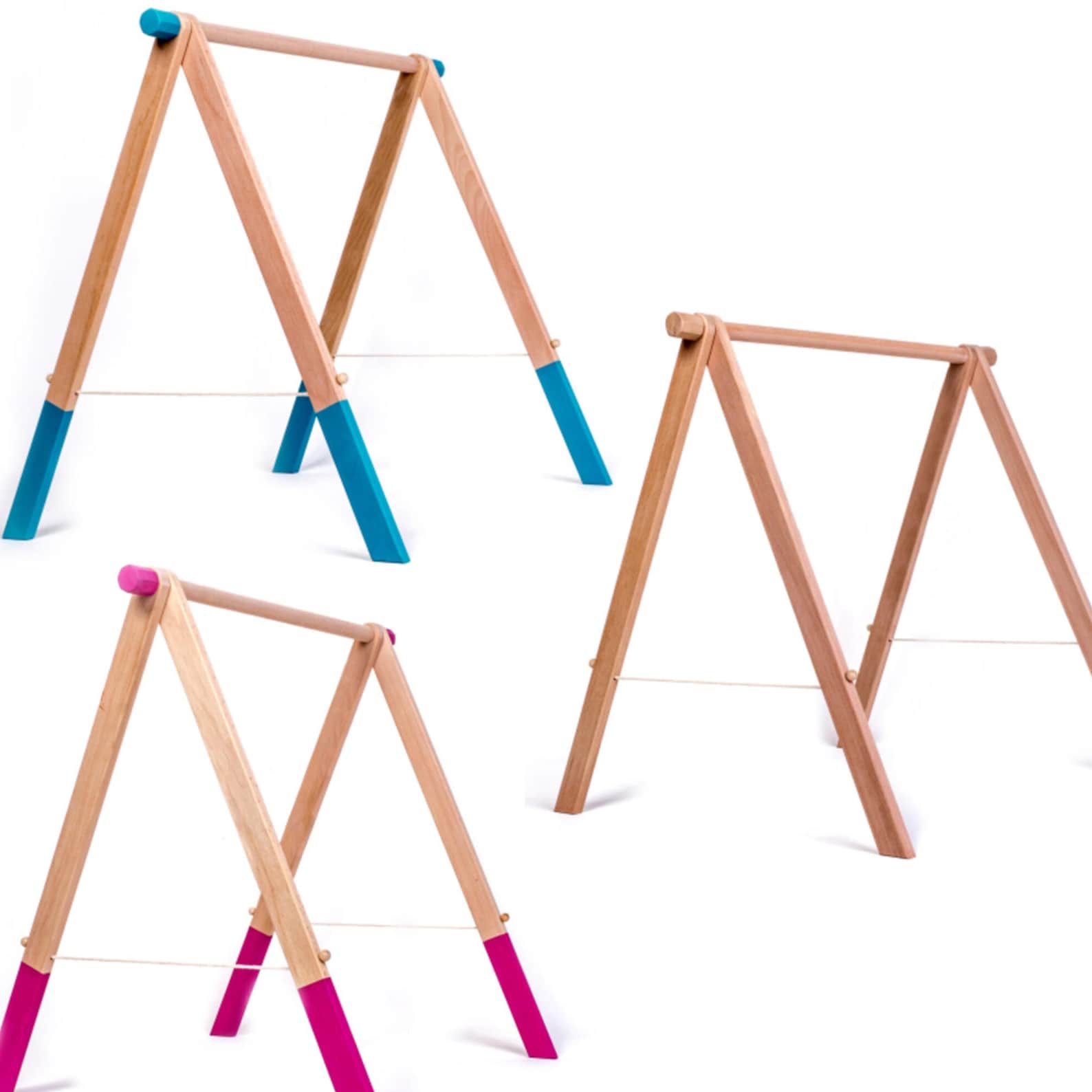 Wooden Baby Play Gym Frame, INGODI Baby Floor Activity Set and Hanging Macrame Toys, Handmade Natural Wood Play Gym for Babies
