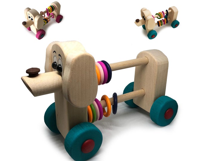 INGODI niedlicher Hund Tierfigur Baby und Kleinkind Aktivität Holzspielzeug auf Rädern