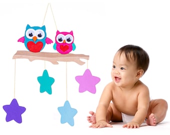 Wooden Baby Crib Cradle Mobile Play Gym Toy Activity Set, Sweet Owls and Stars Wall Hanging Decor Babyshower Gift Toy by INGODI