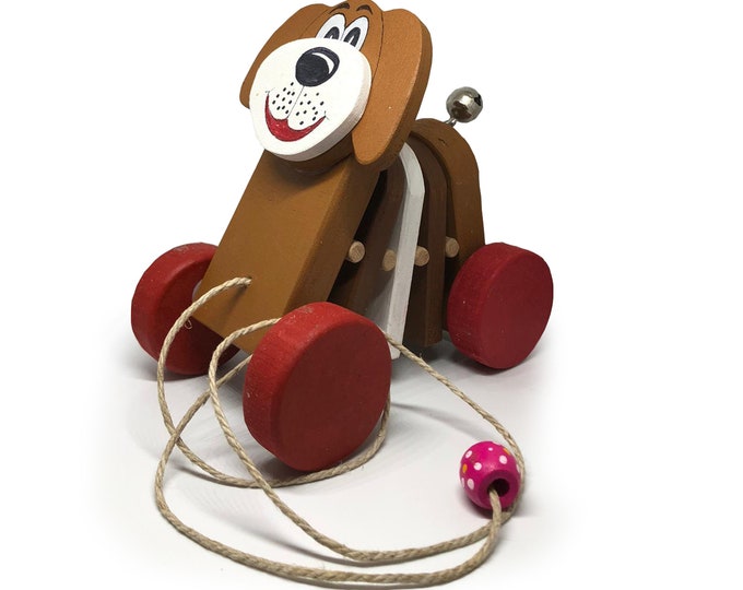 INGODI cute dog animal figure baby and toddler activity wooden toys wheeled with long rope and bell