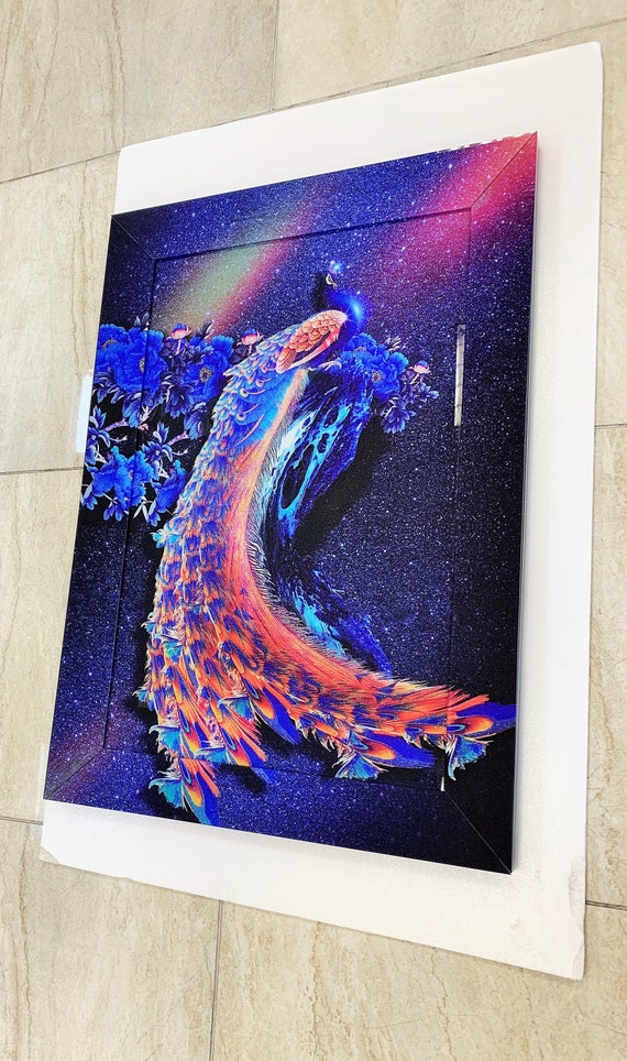 Tempered Glass Print Wall Art Peacock With Frame Mirror Free Home Decoration Unique Gift