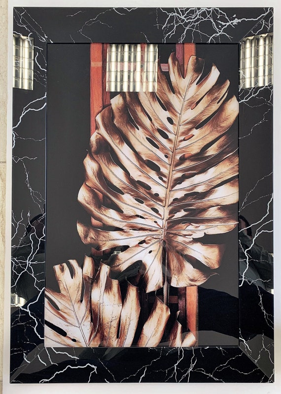 Tempered Glass Print Wall Art Golden Leaves With Frame Mirror Free Home Decoration Unique Gift