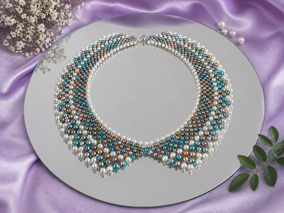 Beaded Pearl Collar Necklace: Detachable Blue Shirt Collar