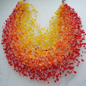 Ombre Beaded Multi Strand Necklace: Red, Orange, Yellow Crochet Necklace