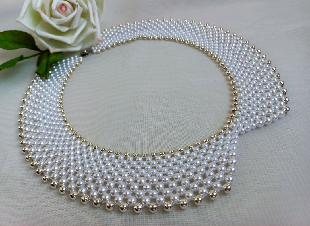 White Pearl Collar, Pearl Collar Necklace, White Beaded Collar Necklace