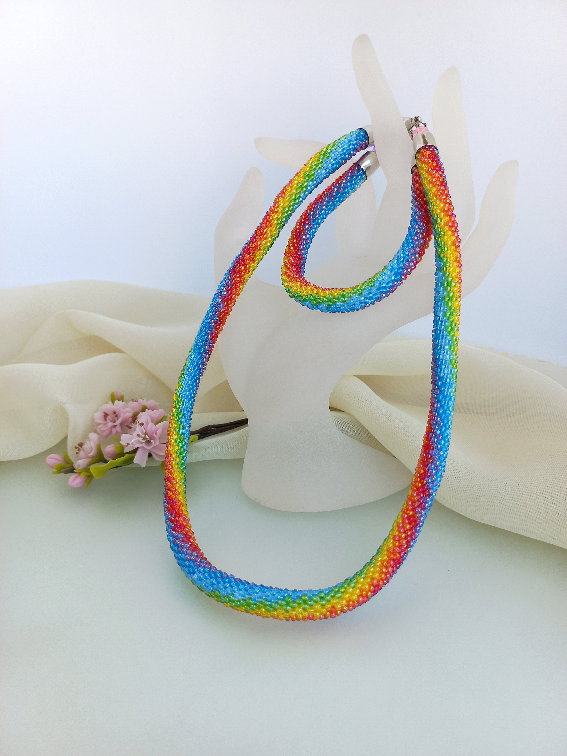 Rainbow Bead Crochet Necklace, Bright Colors Necklace, Colorful Rainbow ...