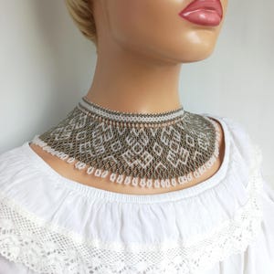 Beaded Detachable Collar Necklace: Gray White Ethnic Vyshyvanka Style