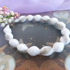 White Beaded Crochet Necklace: Chunky Beadwoven Jewelry