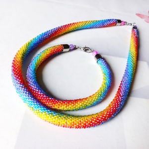 Rainbow Bead Crochet Necklace, Bright Colors Necklace, Colorful Rainbow Necklace, Rope Necklace, Pair Anniversary Gift, Set Rainbow Jewelry