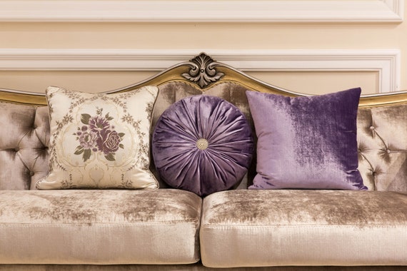Purple Velvet Round Pillow With İnsert Cushion Circular Cover Circle Throw