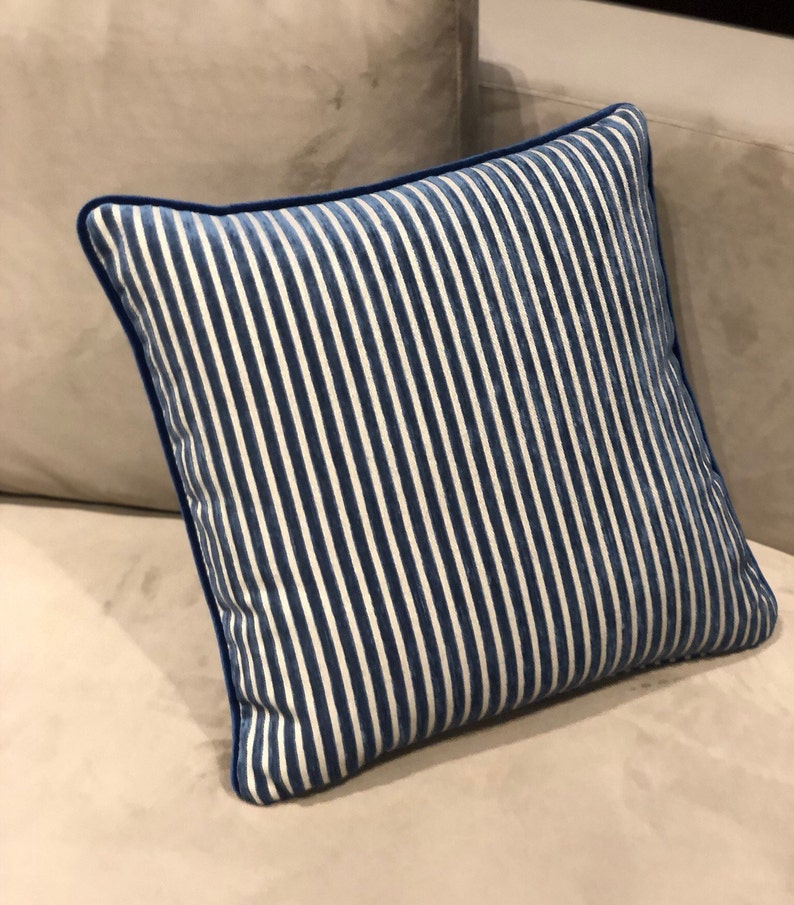 Blue Velvet Throw Pillow Striped Pillow Cover 20x20 Mothers Etsy