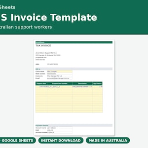 Plantilla de factura del NDIS para trabajadores de apoyo / Hoja de cálculo de facturas fiscales para autónomos australianos / Cálculo automático en Excel + Google Sheets