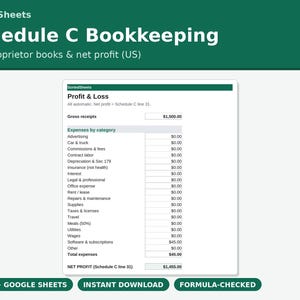 Hoja de cálculo de contabilidad para pequeñas empresas (EE. UU.) / Registro de ingresos, gastos y ganancias (Anexo C) / Excel + Google Sheets