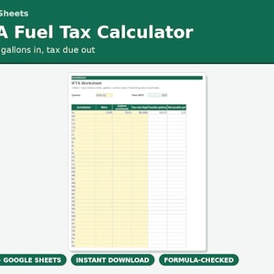 Op de afbeelding: Een digitaal IFTA Fuel Tax Calculator spreadsheet-sjabloon van SortedSheets. De interface heeft een groene koptekst met witte tekst en een werkblad met kolommen voor jurisdictie, mijlen, gallons, belastingtarieven en berekende totalen.
