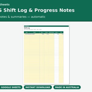 NDIS Shift Log and Progress Notes Template | Support Worker Record Keeping Spreadsheet | Client Hours Tracker Excel Google Sheets