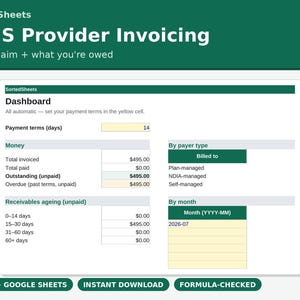 Faktura- och betalningsspårning för NDIS-leverantörer | Kalkylblad för fordringar, kundfordringar och förfallna betalningar | Excel + Google Sheets