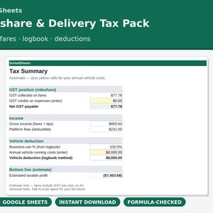 Feuille de calcul fiscale pour chauffeurs Uber en Australie | Carnet de bord de livraison avec TVA | Journal des menus DoorDash (Excel et Google Sheets)