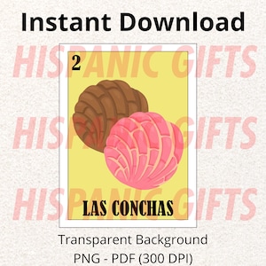 Könnte beinhalten: Digitaler Download mit gelbem Hintergrund, der zwei Conchas zeigt, eine braune und eine rosa. Der Text "LAS CONCHAS" befindet sich unter dem Bild. Die Worte "Instant Download" stehen oben.