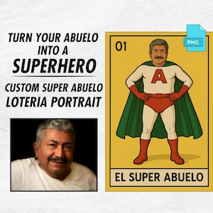 Aangepaste loteriakaart El Super Abuelo – gepersonaliseerd digitaal cadeau voor Mexicaanse opa – foto naar loteria [DIGITAAL PRODUCT]