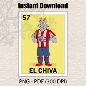 Könnte beinhalten: Eine digitale Illustration einer Loteria-Karte mit einer Ziege, die ein rot-weiß gestreiftes Trikot mit der Aufschrift "Soy + Feliz" trägt. Die Karte ist mit der Nummer 57 versehen und der Titel lautet "El Chiva".