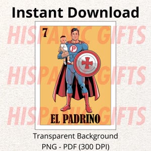 El Padrino Loteria 2025 PNG PDF Superhero - Hispanic Baptism Gift and Decoration - Digital File